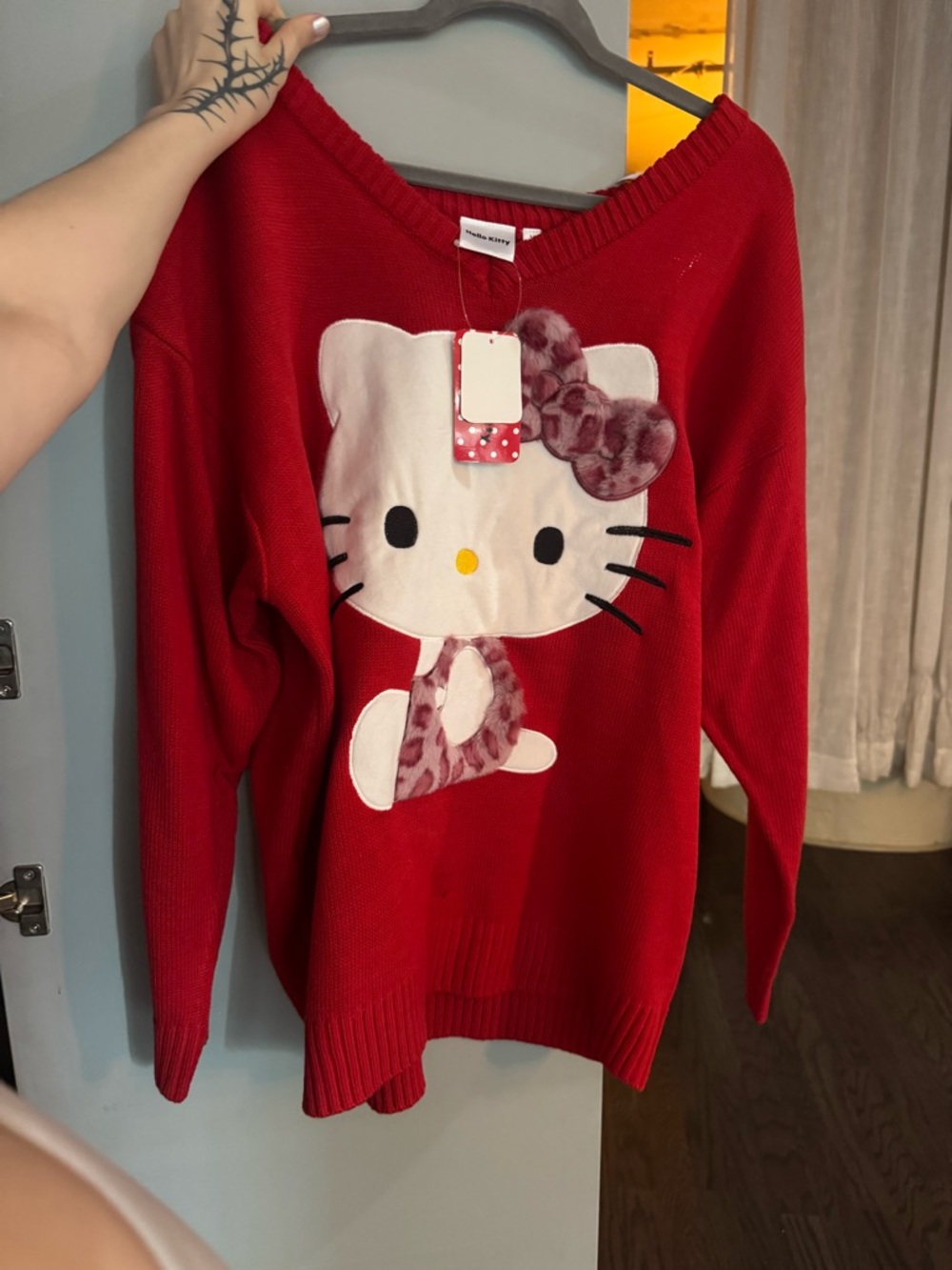 Hello Kitty Red V-Neck Sweater with Plush Bow Detail